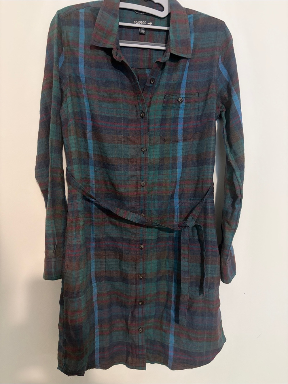 Toad&Co Green and Blue Plaid Long-Sleeve Shirt Dress
